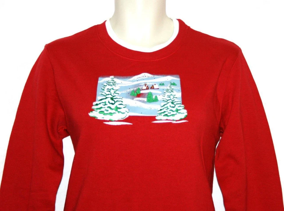 Sudadera Mercer Roja Forrada de Vellón Diseño de Escena de Invierno Pullover Top Talla M Nueva con Etiquetas Foto 2 de 3