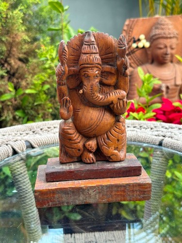 Escultura antigua rara de madera hecha a mano del dios hindú Ganesha - Imagen 5 de 8