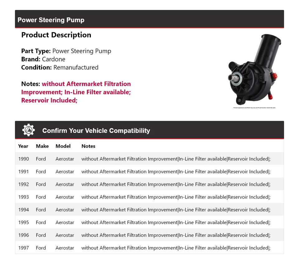 Bomba de dirección asistida Cardone para Ford Aerostar 1990-1997 1991 1992 1993 1994 1995 Foto 2 de 4