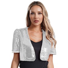 Women Sequin Shrug Short Sleeve Open Front Cropped Bolero Jacket Coat Cardigan