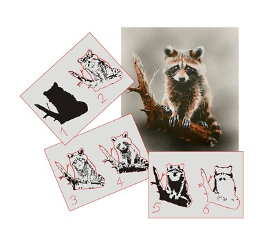 AS-376 Waschbär Step by Step Schablone  für Acryl Airbrush Spray Wand Tattoo