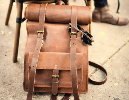 Genuine Leather Roll Top Backpack 
