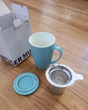  SWEESE*Turquoise Porcelain Infuser Tea/coffee Mug 15oz W Lid NIB Lead Free