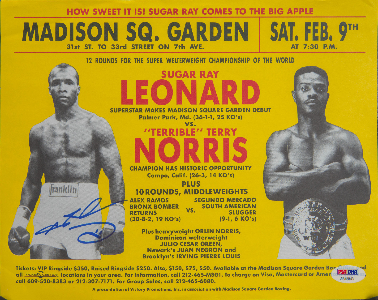 Sugar Ray Leonard original poster Madison Square garden signed PSA DNA autograph