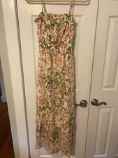 Lost & Wander Beautiful Boho Chiffon Beige & Wildflowers Maxi Dress Medium NWT
