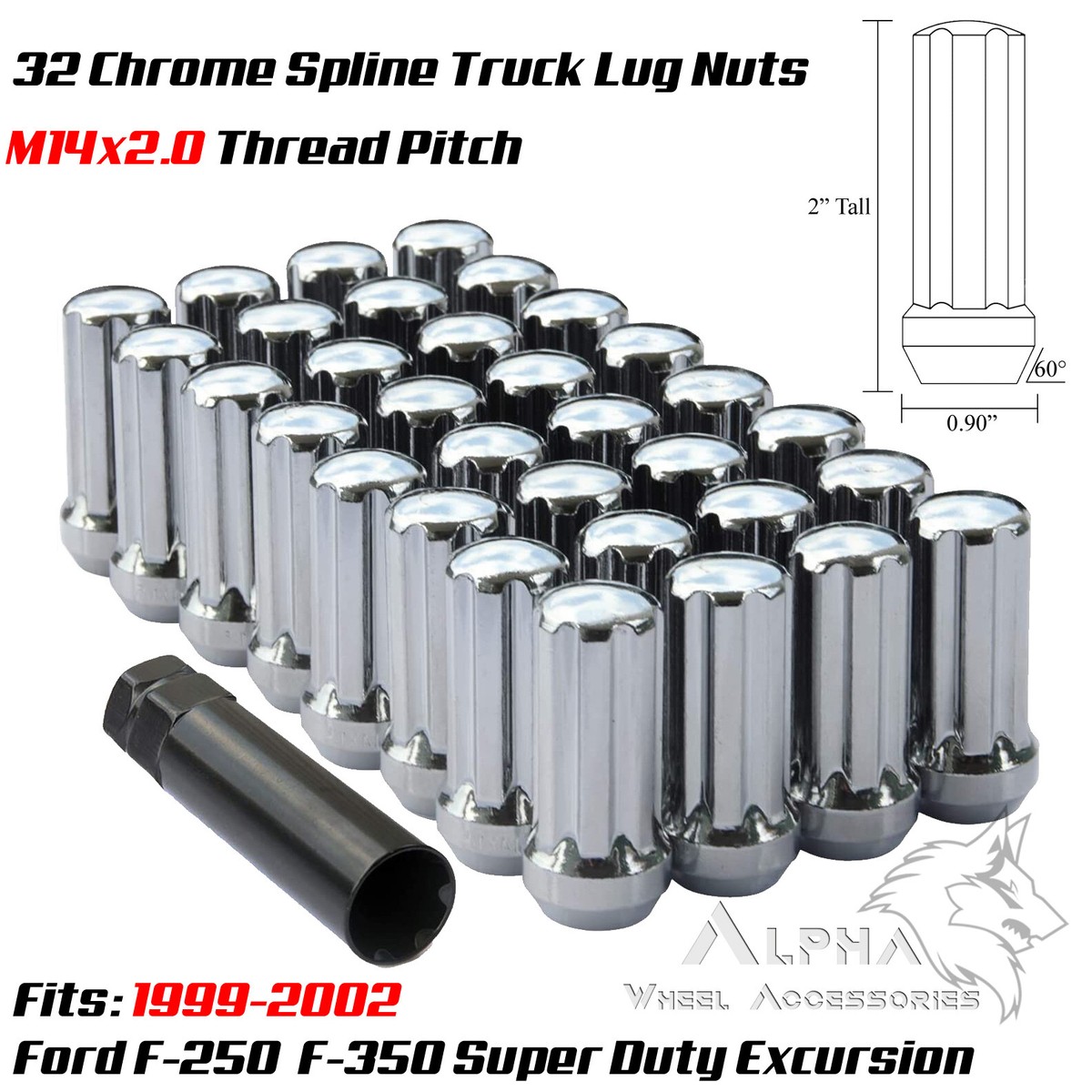 14x2.0 Ford F-250 F-350 Super Duty Excursion Chrome Spline Lug