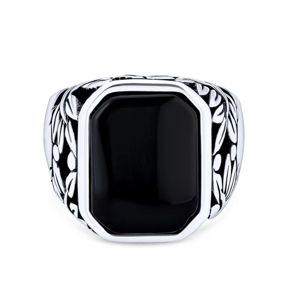 Anillo retro vintage hoja vid ónix negro piedras preciosas sello joyería plata esterlina Foto 2 de 4
