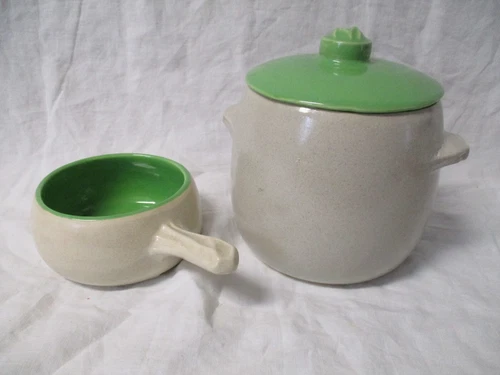 Vintage 1940's McCoy Pottery Bean Pot / Crock, Handle Soup Bowl, Green + White