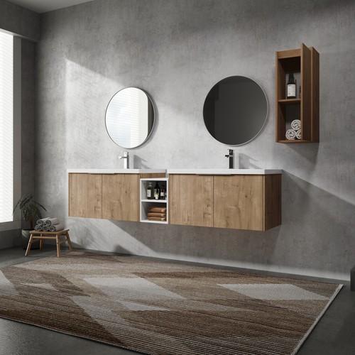2X36" Plywood Wall-Mounted Bathroom Vanity +Resin Sink+Side Cabinet Storage Rack - Picture 7 of 12