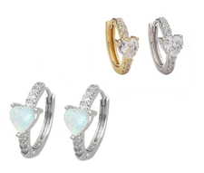 Sterling Silver Plated Heart Opal CZ Hoop Huggie Earrings Women Girl Gift F31