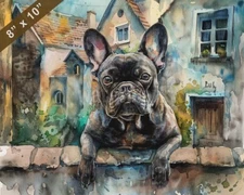 French Bulldog watercolor painting in a cozy village 8x10 Print 