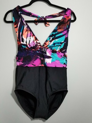 Aqua Green L Womens Over The Shoulder Gathered Waist One Piece Black Swimsuit Ebay