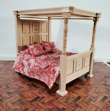 Dollhouse Bed 4 Poster Canopy Tudor Style Unpainted Wood 1:12 Scale Miniature