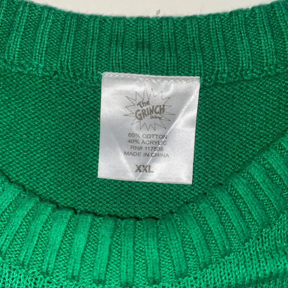 The Grinch Dr Seuss Mens XXL Green Ugly Christmas Sweater Santa Hat Graphic E204 - Image 2 of 4