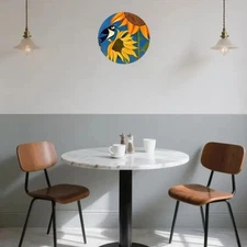 2D Flat, 1pc Blue Bird & Sunflower Round Aluminum Wall Art - Vibrant 2D Flat Pai