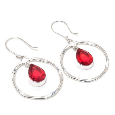 Red Garnet Gemstone Handmade 925 Sterling Silver Jewelry Earring Size 1.9''