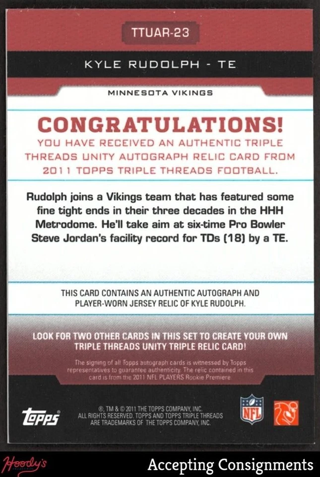 2011 Topps Triple Threads Unity Ruby Kyle Rudolph RC ROOKIE JERSEY AUTO 06/10 - Image 2 of 2