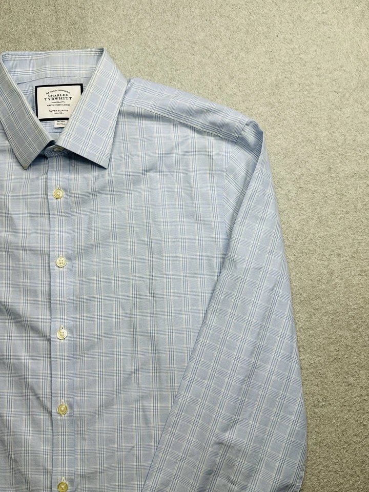 Camisa Charles Tyrwhitt Para Hombres 16 36 Grande Azul A Cuadros Vestido Súper Ajustado Sin Planchar Foto 4 de 4