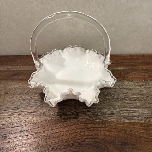 Vintage Fenton Silver Crest Milk Glass Basket Ruffled Edge Clear Glass Handle