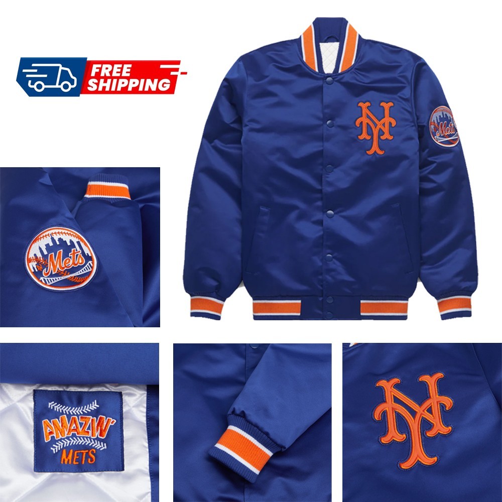 NY Mets Blue Satin Varsity Bomber Jacket Baseball vintage style fan Jacket