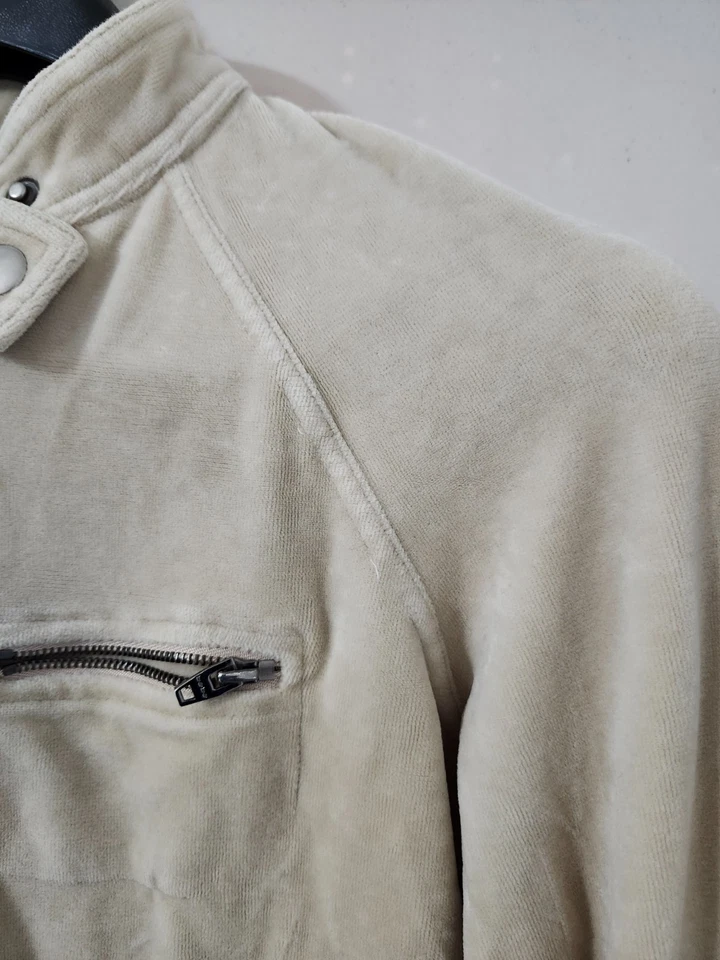 Chaqueta Bebe Mujer L Beige Moto Crop Cremallera Terciopelo Mezcla Algodón Bolsillo Y2K De Colección EE. UU. Foto 4 de 4