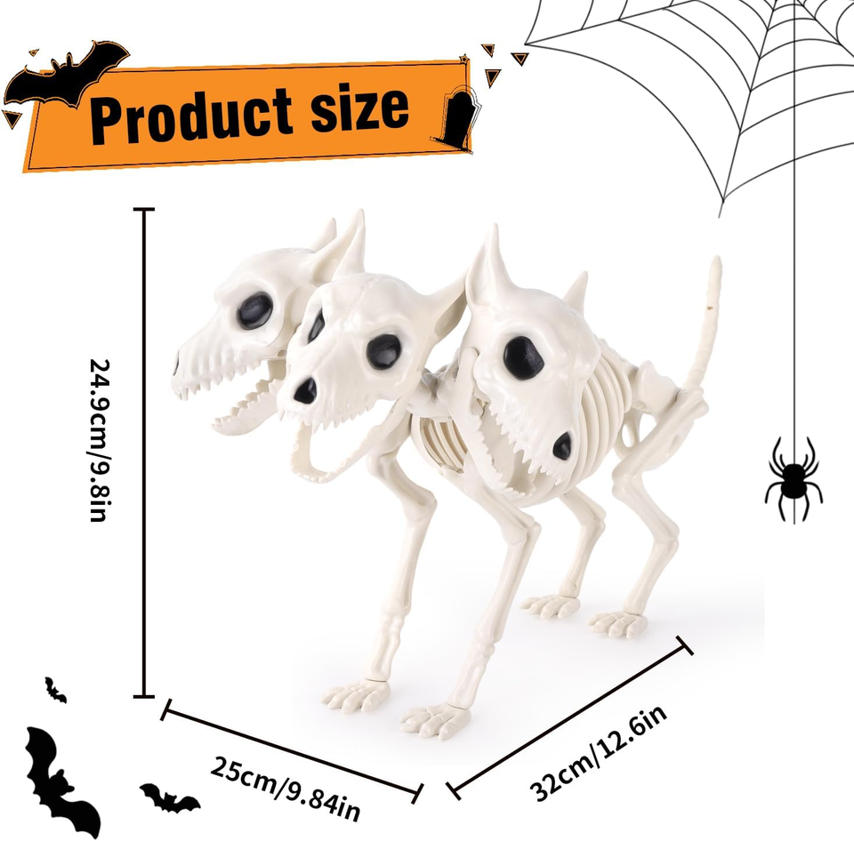 12’’ Halloween Three-Headed Dog Skeleton Statue Prop Animal Decoration ...