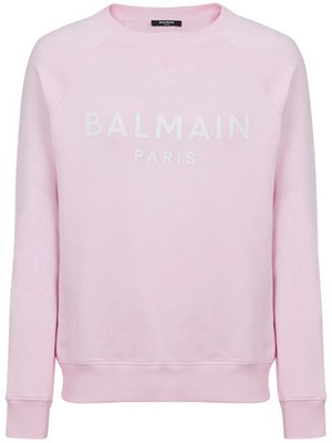 $600 Balmain Balmain Paris logo print pink crewneck sweatshirt sz L 12