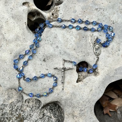 Vintage Iridescent Blue Faceted Crystal Rosary, Made In Italy