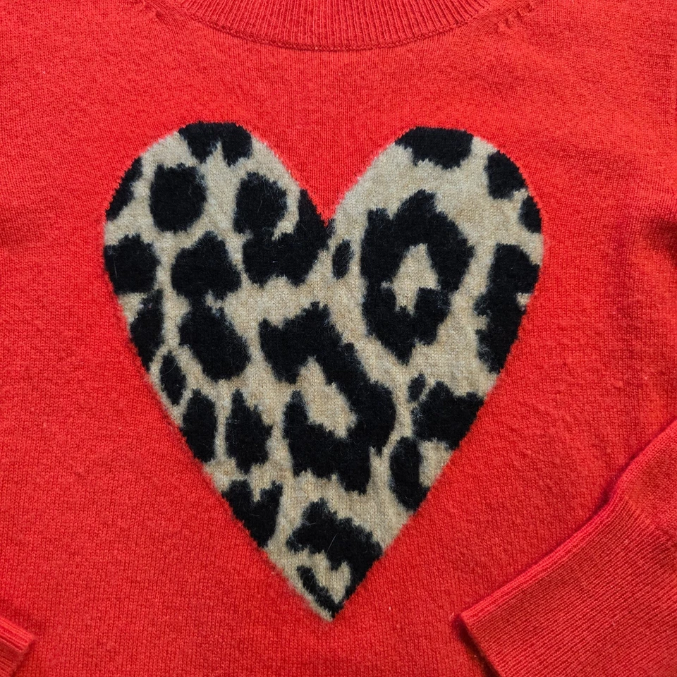 J Crew 毛衣女式 XS 码红色羊绒豹纹心形长袖休闲 — 第 3/4 张图片