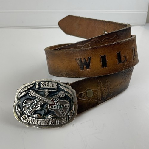 Vintage handbesetzter Bär Elch Ledergürtel I LIKE COUNTRY MUSIC Schnalle Monogramm WILL - Bild 1 von 14