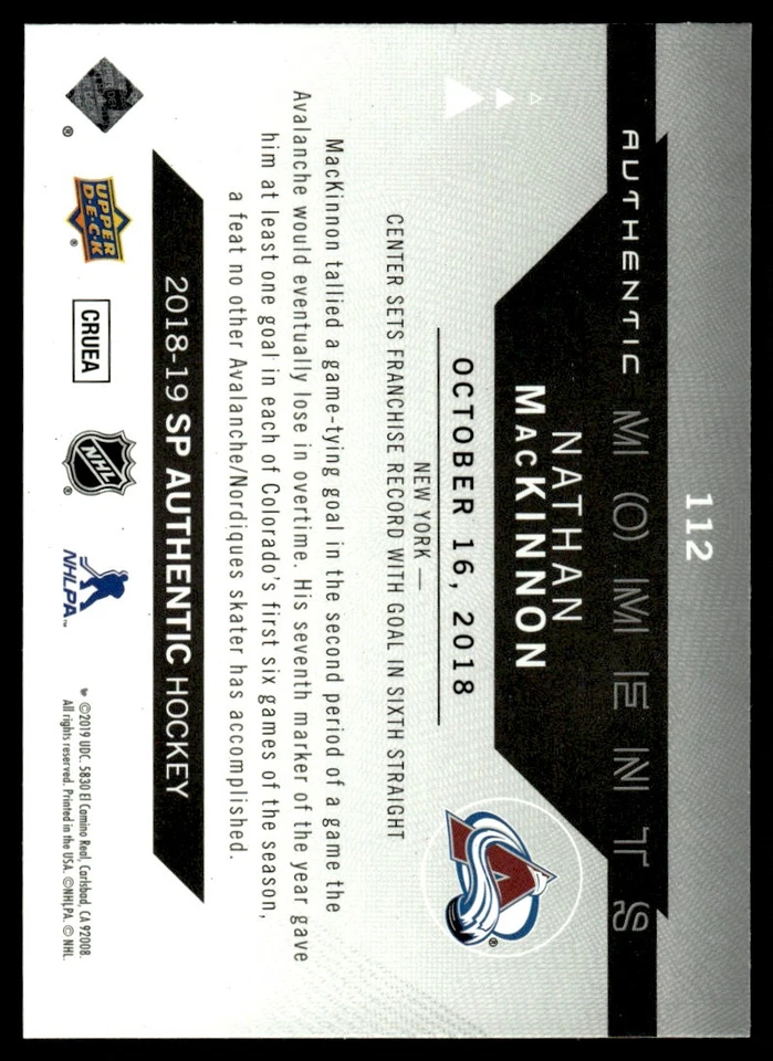 2018-19 SP Authentic Nathan MacKinnon Colorado Avalanche #112 - Image 2 of 2