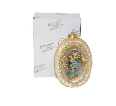 Fontanini Glass Relief Angel Christmas Ornament - Ivory Color Angel in Blue MIB