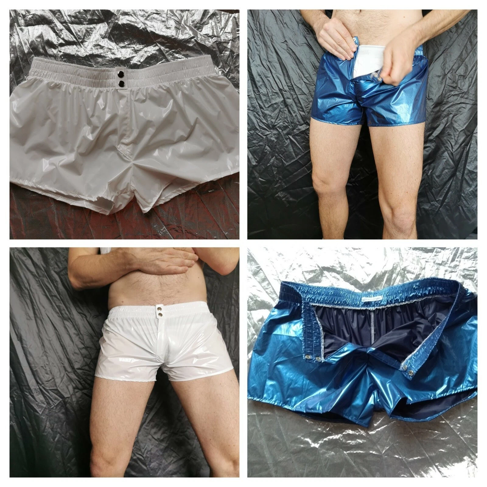 * OPEN SNAP FLY * FOOTY SHORTS in glossy ultra-thin PU-coated nylon (XS to 2XL)