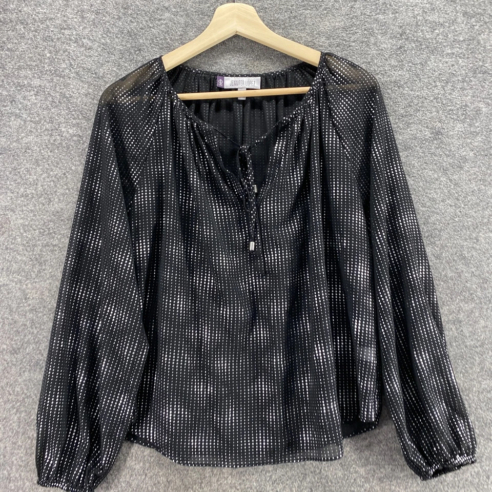 Jennifer Lopez Blouse Women S Small Black Geometric V-Neck Long Sleeve Tasseled - Image 3 of 4