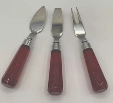 Cheese Serving Set Of 3 Red Lucite Sparkle Handles Stainless 3 5.5” Vtg