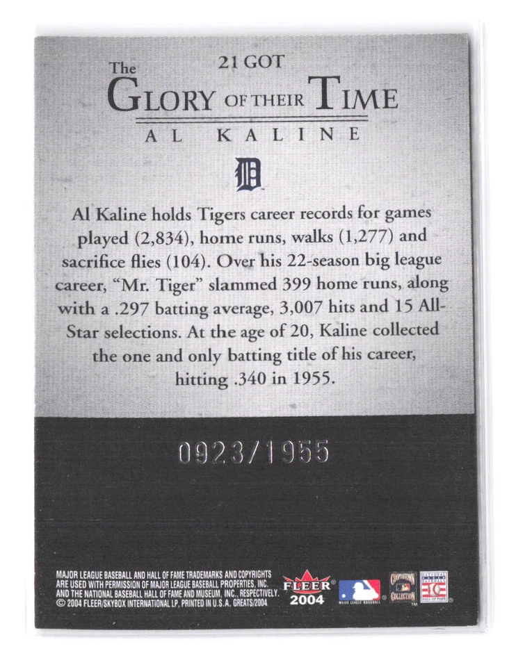 2004 Fleer Greats of the Game Al Kaline #/1955 Glory of Their Time 21 SP Tigers - Image 2 of 2