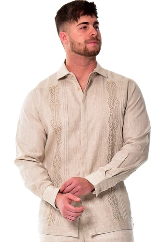 Bohio Men Linen Fancy Guayabera Style Shirt for Men-Natural Embroidered MLFG2030