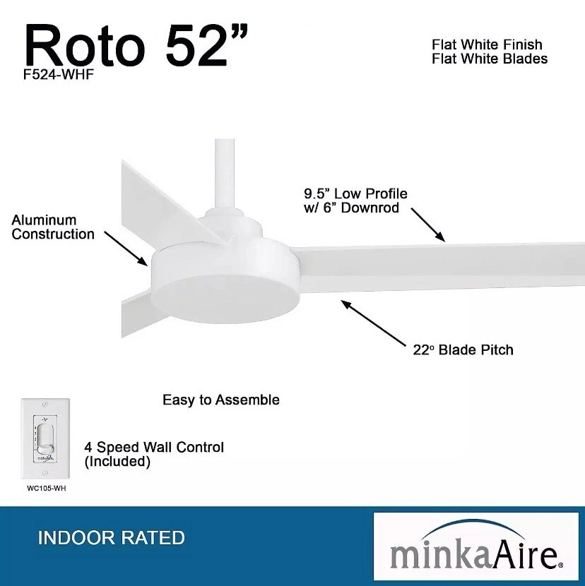 MinkaAire Roto F524-WHF Ceiling Fan 52 Inch 3 Blades Flat White - Image 2 of 4