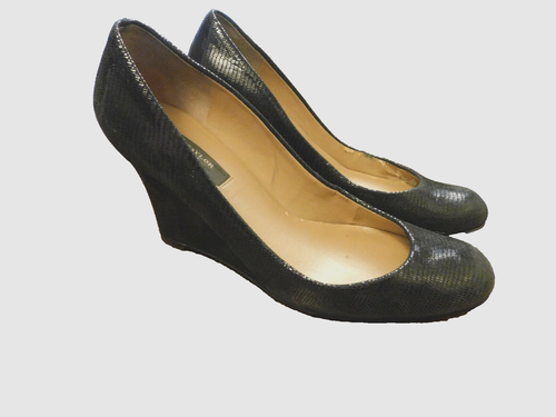 ANN TAYLOR Kamela Lizard 3" Wedge Pumps Black Shiny Reptile Leather 6.5 Classy - 第 1/10 張圖片