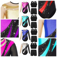 Kids Girls Bodysuit Shorts Outfit Mesh Dancewear Rhythmic 3Pcs/Set Practice Gym