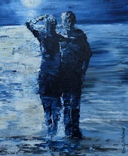 Oil painting "LOOK AT THE MOON" hand painted on canvas 12X9" mixed media SEASCAP