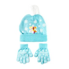 Disney Frozen Elsa Anna Blue Knit Pom Pom Beanie Hat and Gloves Set Snowflakes