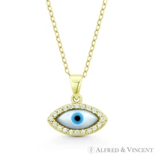 Evil Eye Mother-of-Pearl Luck Charm Sterling Silver 14k Plated Necklace Pendant