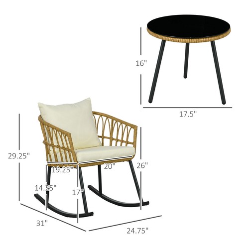 3 Pieces Patio Rocking Chair Patio Set w/ Cushions & Glass Top - Picture 2 of 11