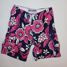 Hollister Mens Cargo Swim Board Shorts Medium Pink Hibiscus Hawaiian