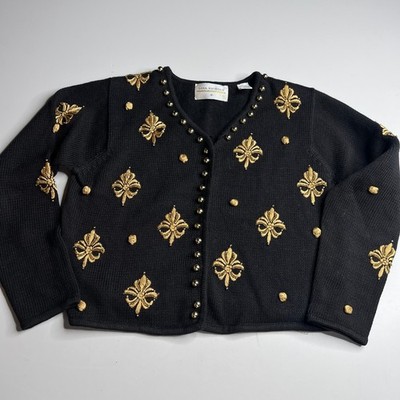 Lisa Nichols Vintage Black Gold Fleur De Lis Embroidered Cardigan Sweater Small