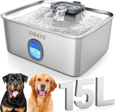 4Gal/15L Large Dog Water Fountain, Stainless Steel Pet Fountain with Water Windo