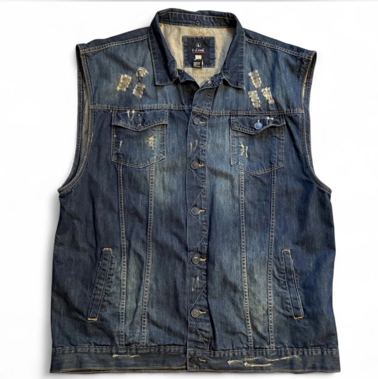 Men’s dark wash distressed denim vest button-front closure and chest pockets 5XL
Opens in a new wind