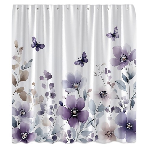 Purple Floral Shower Curtain Lilac Watercolor Flower Butterfly Spring