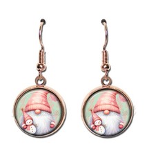 Holiday Pink Gnome - Handmade Round Resin Dangling Earrings 16mm